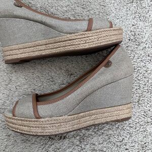Tory Burch Plata Royal Majorca Linen & Leather Espadrille Wedge 9.5/40.5